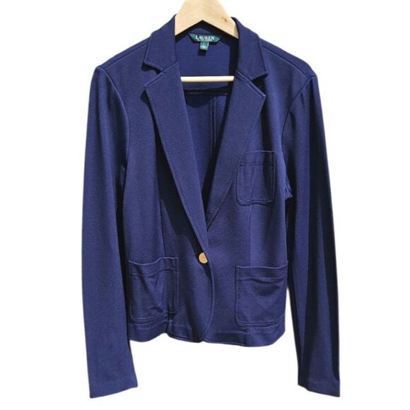 Ralph Lauren Women's Knit Blazer Viscose Navy Gold Buttons Size Large - Picture 1 of 7